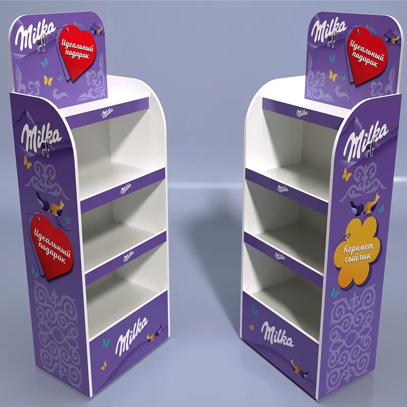 Два напольных дисплея Milka: фиолетовый корпус с орнаментом, белые полки и сердца «Идеальный подарок» (визуализация проекта)