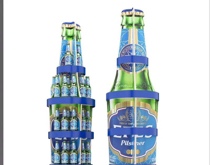 Дисплеи EFES в форме бутылки: ярусы с бутылками и синие пояса (визуализация проекта)
