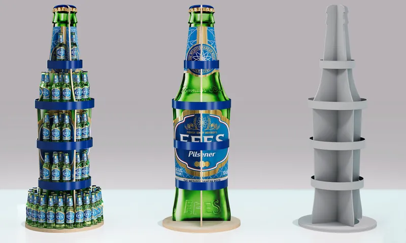 Дисплей EFES в форме бутылки: вариант с бутылками, макет-бутылка и белый каркас (визуализация проекта)