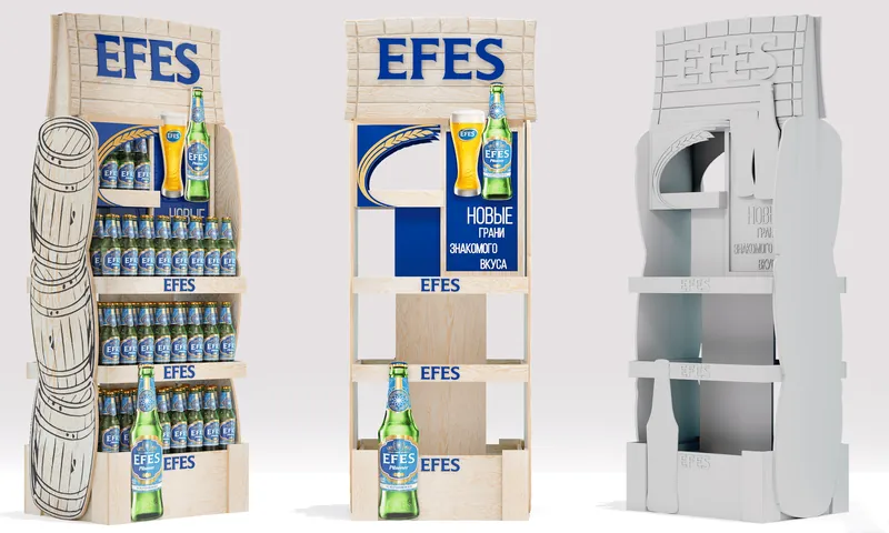 Дисплеи EFES с бочкой и бутылками: цветной вариант и белый макет каркаса (визуализация проекта)