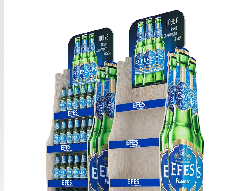 Дисплеи EFES с фигурами бутылок и синими табличками (визуализация проекта)