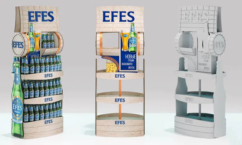 Дисплей EFES с бочками: цветной вариант и белый макет каркаса (визуализация проекта)