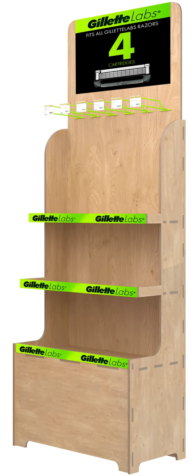 Деревянный дисплей Gillette с полками и верхним табло (визуализация проекта)