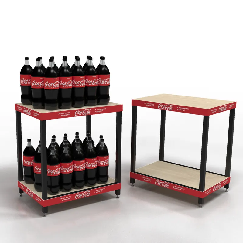 Стеллаж на колёсах с красной окантовкой и бутылками Coca-Cola, рядом пустой вариант (визуализация проекта)