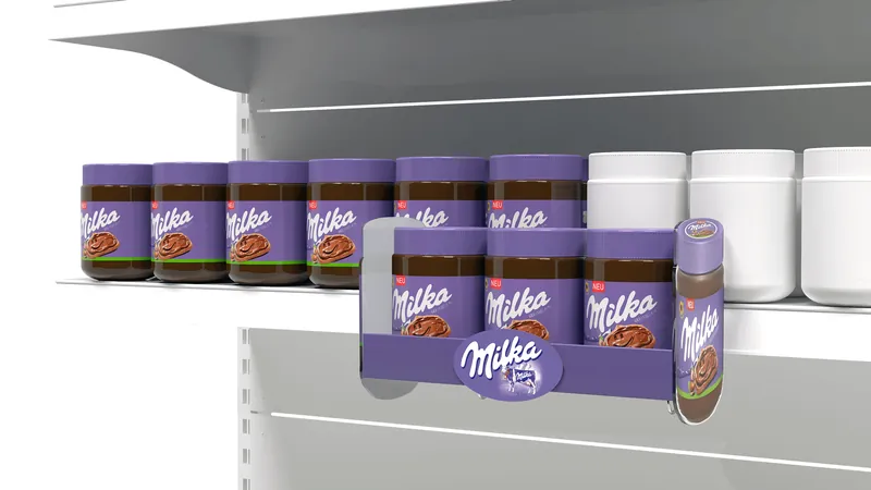 Паразит на полке: фиолетовая подставка с банками Milka на металлической полке (визуализация проекта)