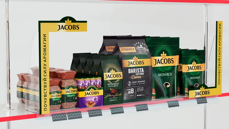 Шелфтеатр на полке с кофе Jacobs: жёлто-зелёная рамка и ценники (визуализация проекта)
