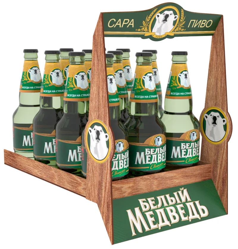 Деревянная переноска для бутылок «Белый медведь» с вывеской сверху (визуализация проекта)