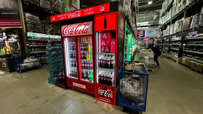 Торец с холодильником для напитков: Торец с двумя холодильниками Coca-Cola и светящейся вывеской в магазине