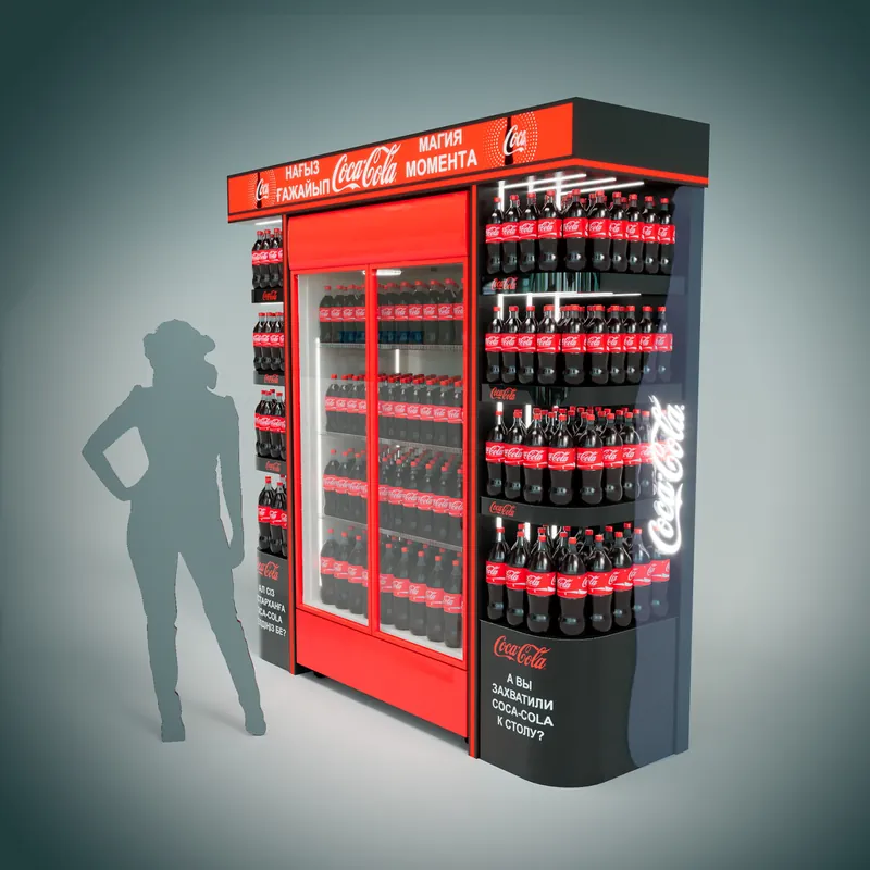 Торец с холодильной витриной и стеллажами Coca-Cola, вид слева (визуализация проекта)