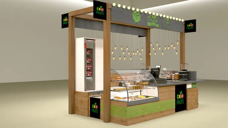 Торговый остров с деревянным каркасом и изогнутой витриной, логотип EcoFruits (визуализация проекта)