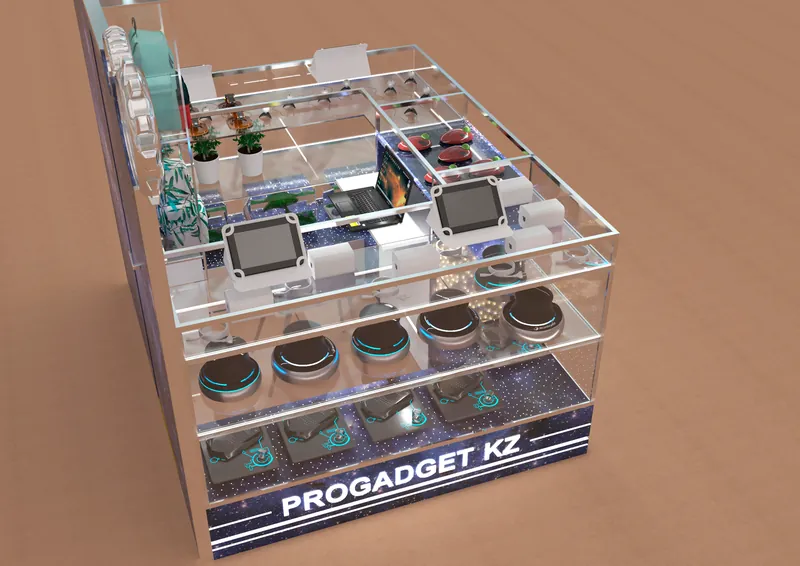 Остров PROGADGET KZ, вид сверху: стеклянные полки с гаджетами и часами (визуализация проекта)