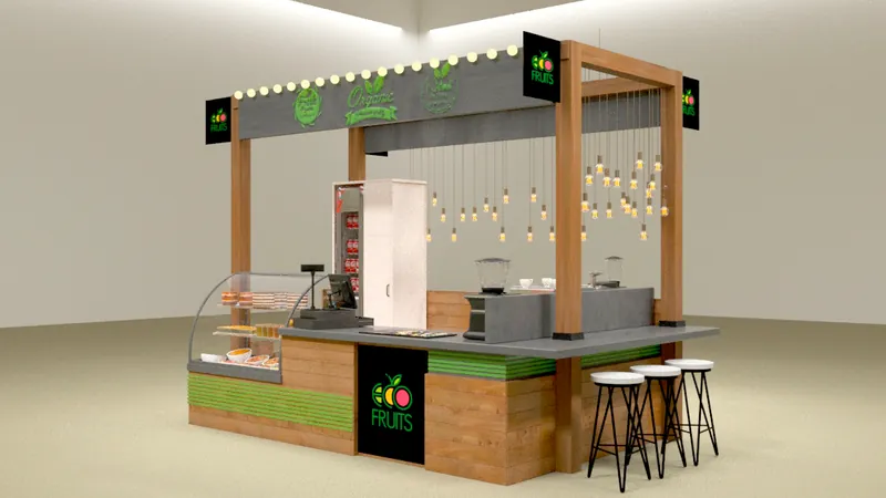 Остров-киоск с деревянной рамой, витриной и барными стульями, логотип ECO FRUITS на фасаде (визуализация проекта)